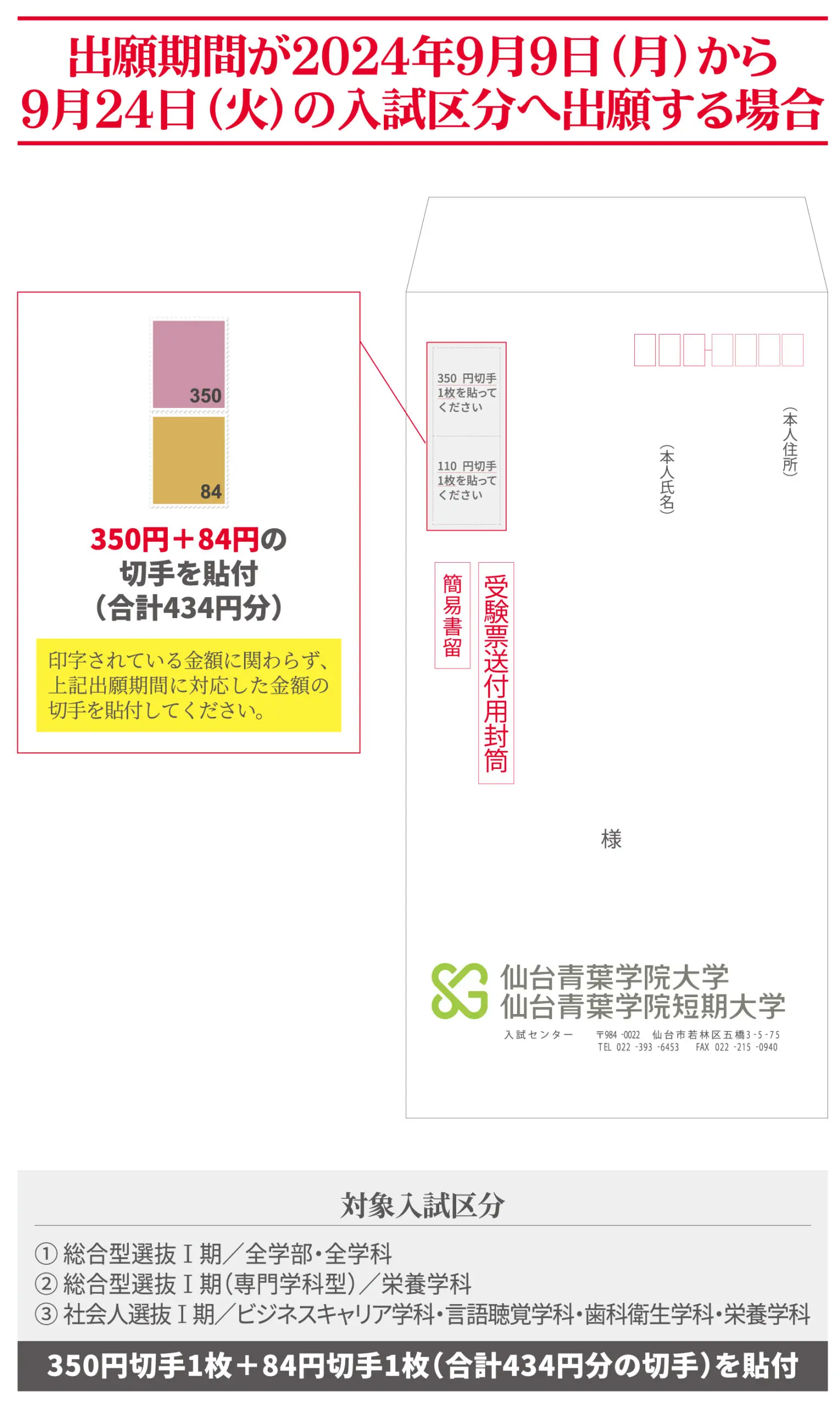 受験票送付用封筒」に貼付する切手の金額変更について | 仙台青葉学院 公式サイト